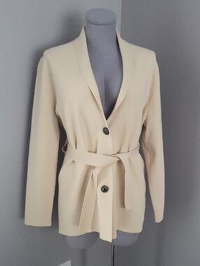 ZARA Cream Thick Knit Belted Oversized Cardigan Blazer SZ S